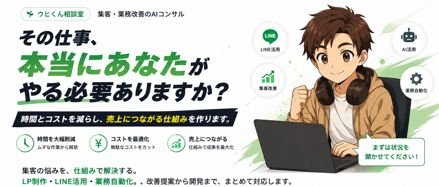 ウヒくん相談室｜その仕事、本当にあなたがやる必要ありますか？ 時間とコストを減らし、売上につながる仕組みを作ります。LP制作・LINE活用・業務自動化を改善提案から開発まで対応。
